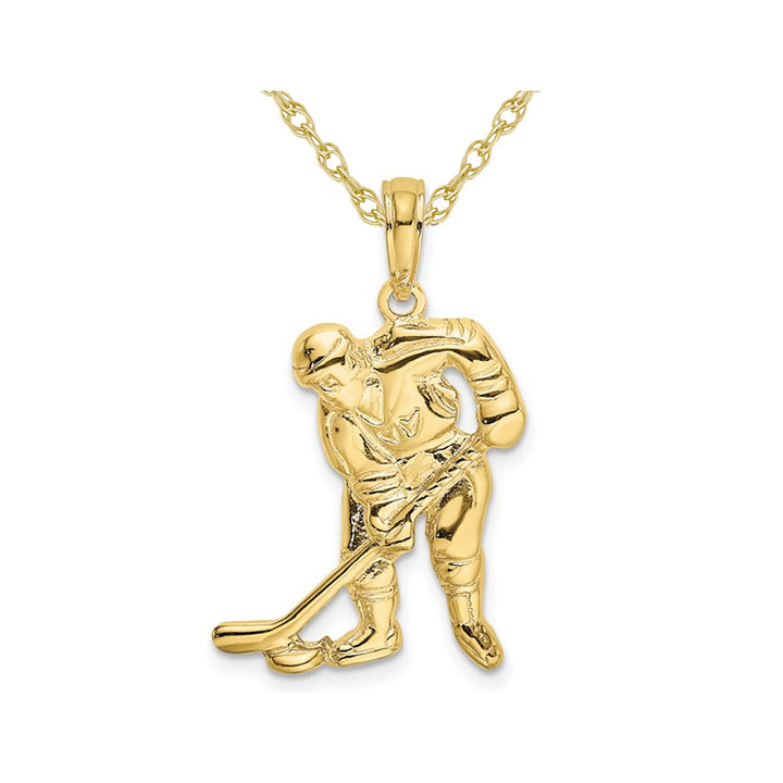 10K Yellow Gold Hockey Player with Stick and Puck Charm Pendant Necklace with Chain Image 1