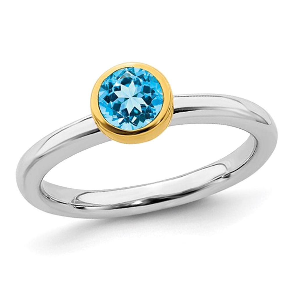 1/2 Carat (ctw) Solitaire Blue Topaz Ring in Sterling Silver with Yellow Accents Image 1