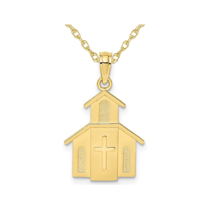 10K Yellow Gold Church with Cross Charm Pendant Necklace with Chain Image 1