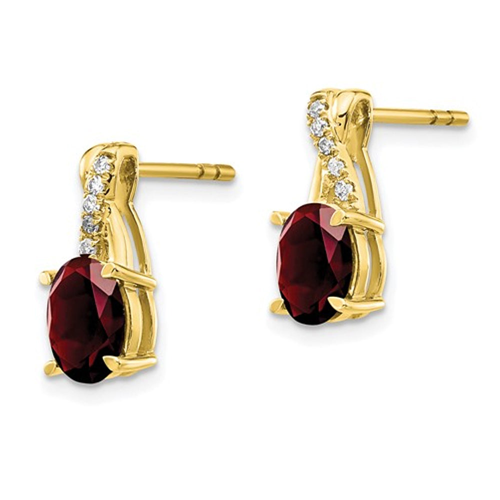 10K Yellow Gold Oval-Cut Post Button Garnet Earrings 1.50 Carat (ctw) with Accent Diamonds Image 2