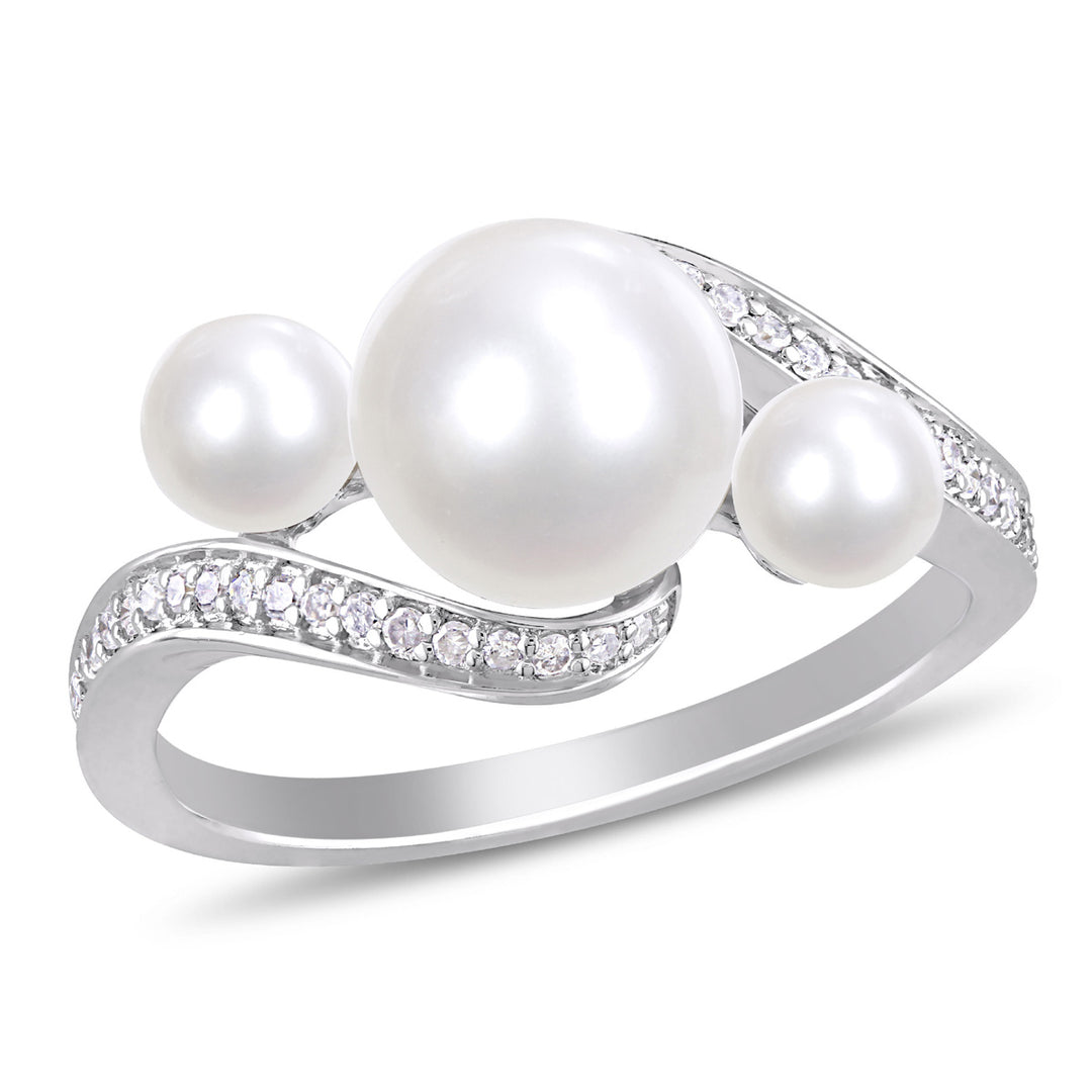 White Freshwater Cultured Pearl Three Stone Ring in 10K White Gold with Diamonds Image 1