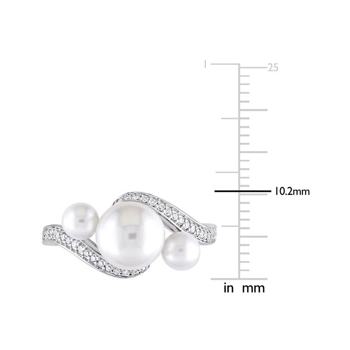 White Freshwater Cultured Pearl Three Stone Ring in 10K White Gold with Diamonds Image 3