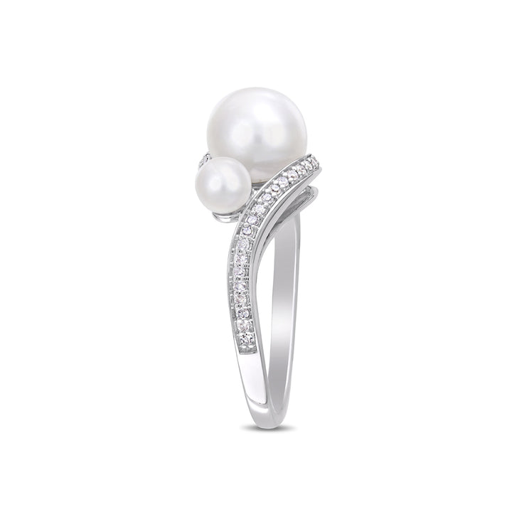 White Freshwater Cultured Pearl Three Stone Ring in 10K White Gold with Diamonds Image 4