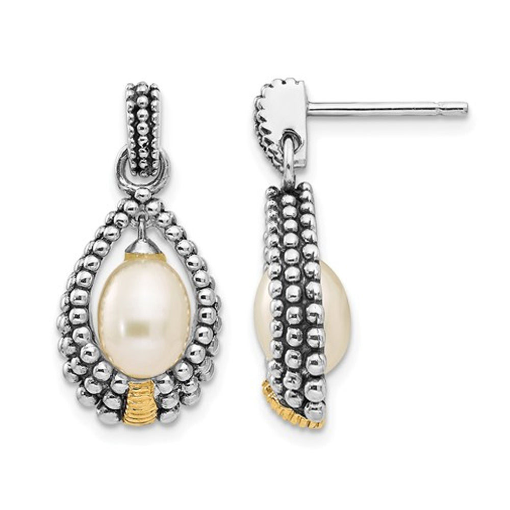 Cultured Freshwater Pearl Drop Earrings in Antique Sterling Silver with 14K Gold Accents Image 1