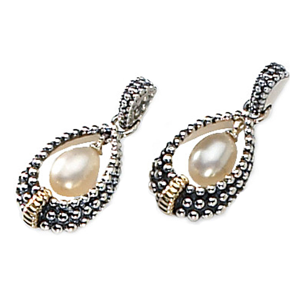 Cultured Freshwater Pearl Drop Earrings in Antique Sterling Silver with 14K Gold Accents Image 2