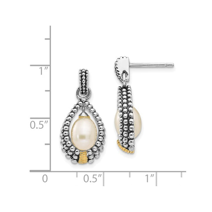 Cultured Freshwater Pearl Drop Earrings in Antique Sterling Silver with 14K Gold Accents Image 3