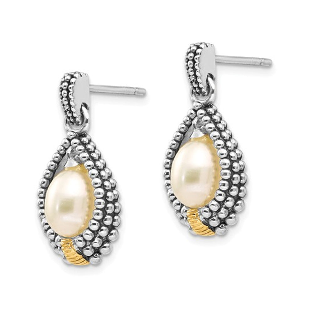 Cultured Freshwater Pearl Drop Earrings in Antique Sterling Silver with 14K Gold Accents Image 4