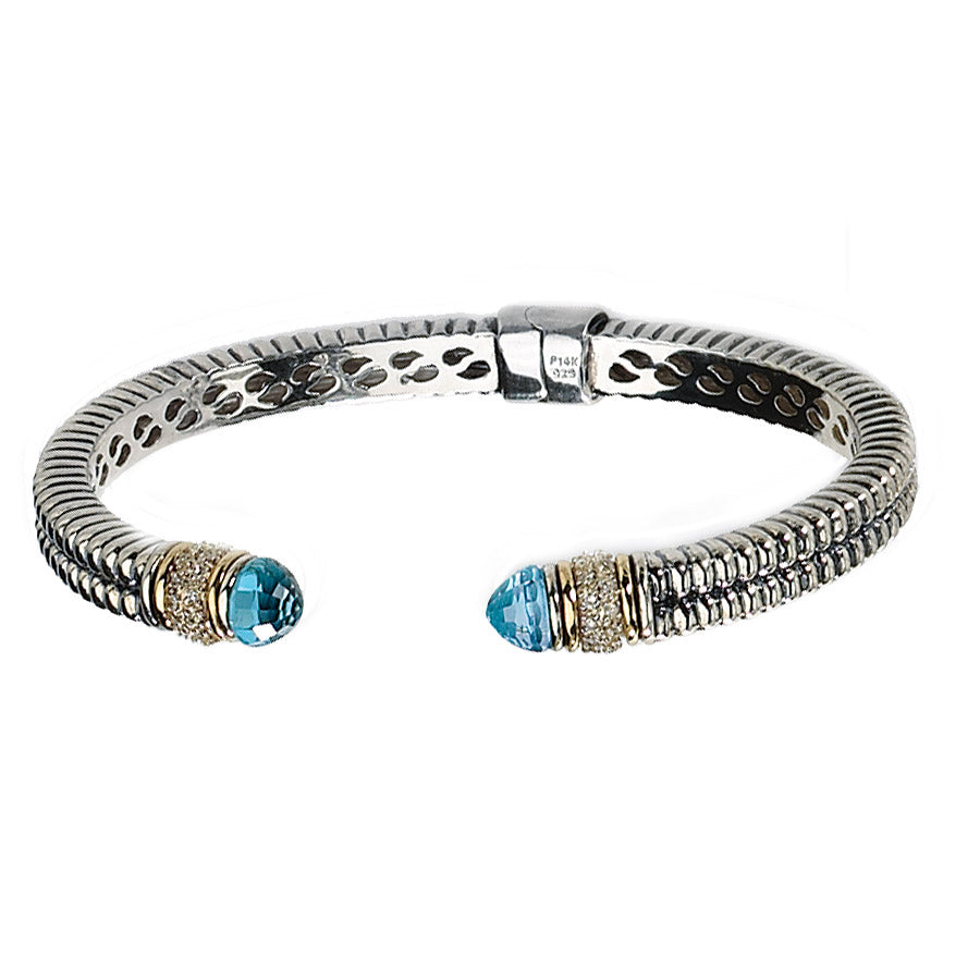 5.00 Carat (ctw) Sky Blue Topaz Bangle Cuff Bracelet in Sterling Silver with 14K Gold Accents Image 3