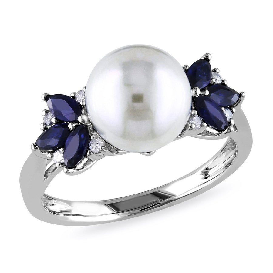 9-9.5mm White Freshwater Cultured Pear with Sapphires Ring In 10K White Gold Image 1