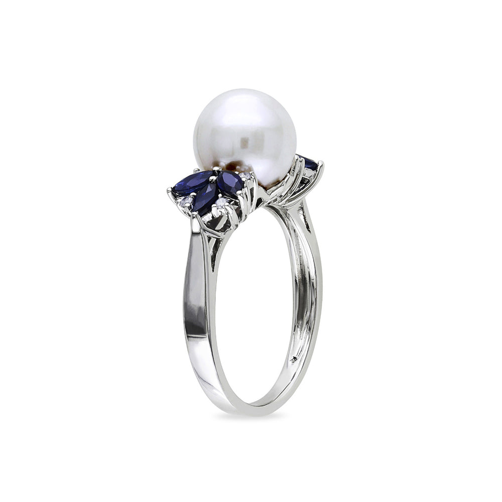 9-9.5mm White Freshwater Cultured Pear with Sapphires Ring In 10K White Gold Image 2