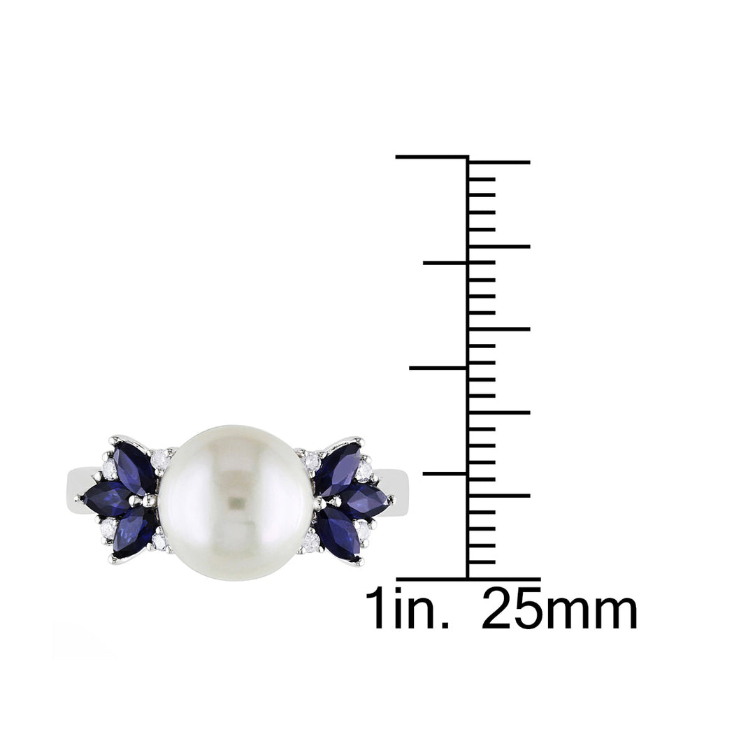 9-9.5mm White Freshwater Cultured Pear with Sapphires Ring In 10K White Gold Image 3