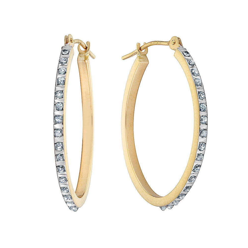 Accent Diamond Oval Hinged Hoop Earrings in 14K Yellow Gold (1 Inch) Image 2