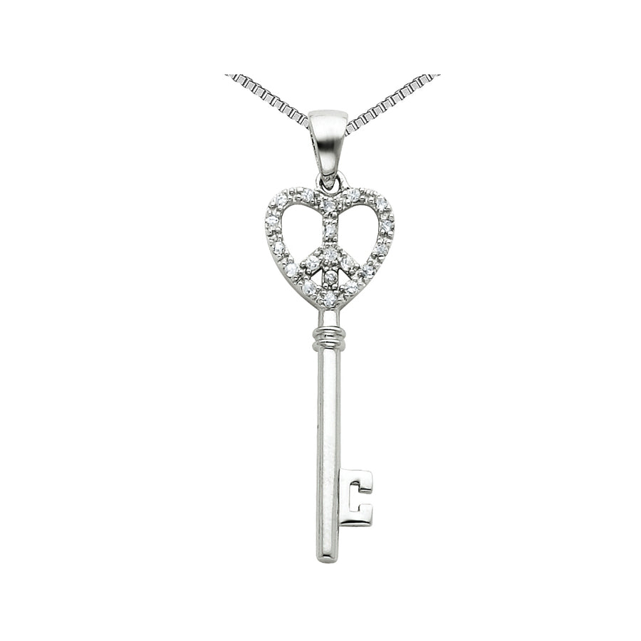 Synthetic Cubic Zirconia (CZ) Peace Sign Heart and Key Pendant Necklace in Sterling Silver with Chain Image 1