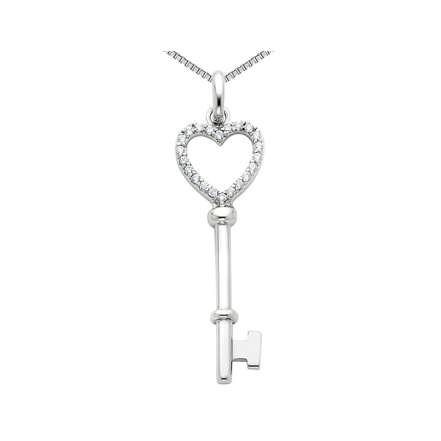 Synthetic Cubic Zirconia (CZ) Heart and Key Pendant Necklace in Sterling Silver with Chain Image 1