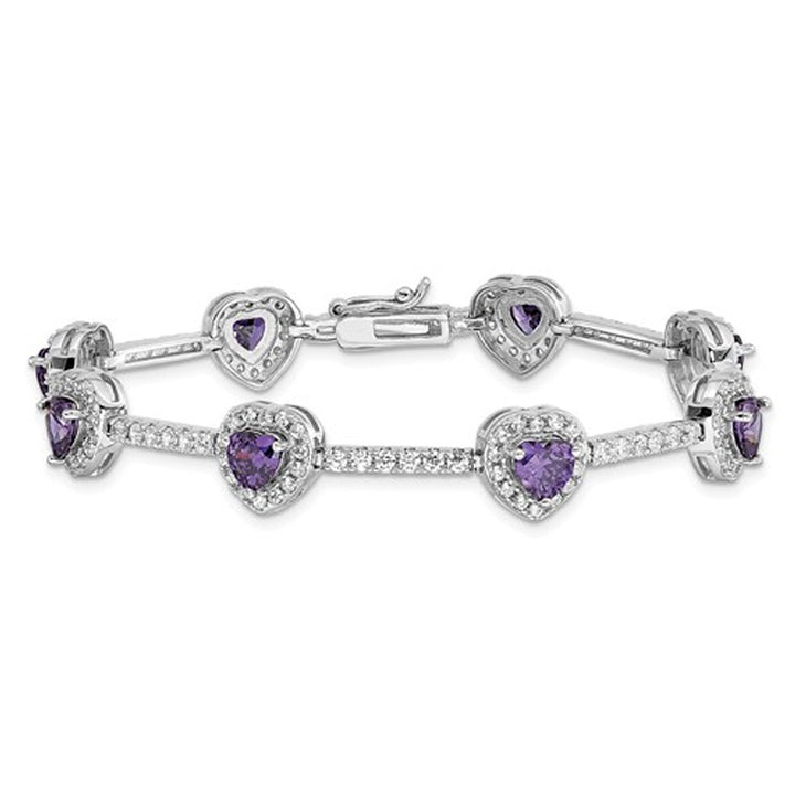 Synthetic Amethyst and Synthetic Cubic Zirconia (CZ) Heart Bracelet in Sterling Silver Image 1