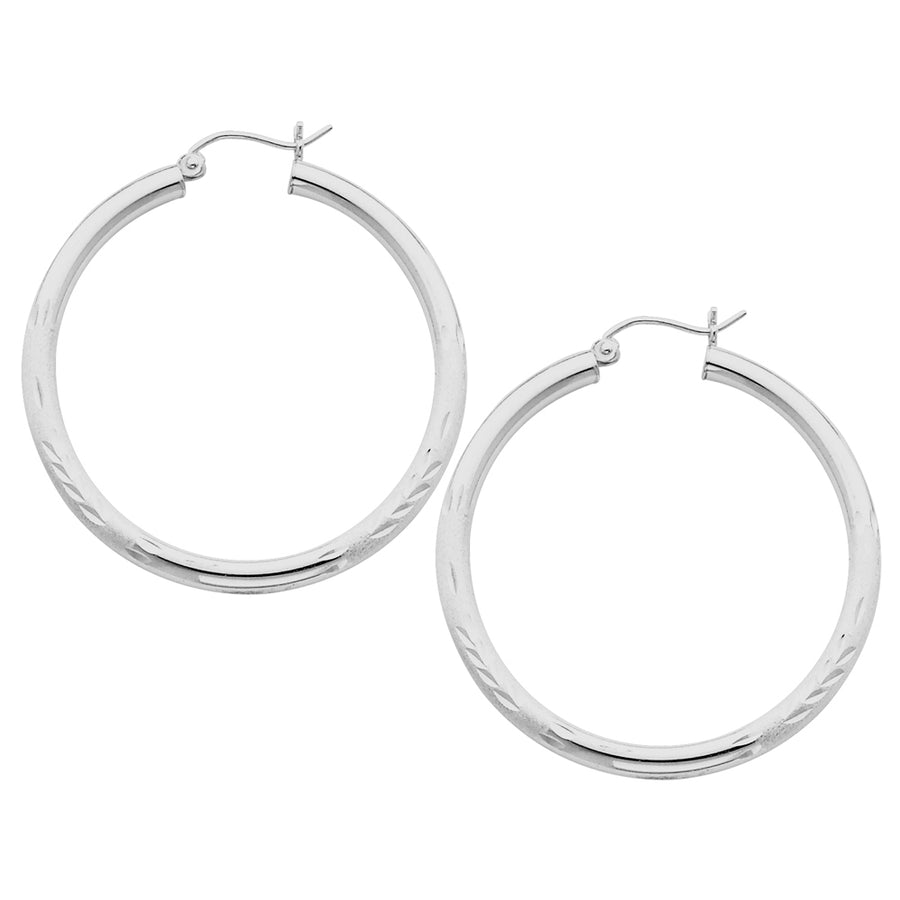 Medium Satin and Diamond Cut Hoop Earrings in Sterling Silver 1 1/2 Inch (3.0mm) Image 1