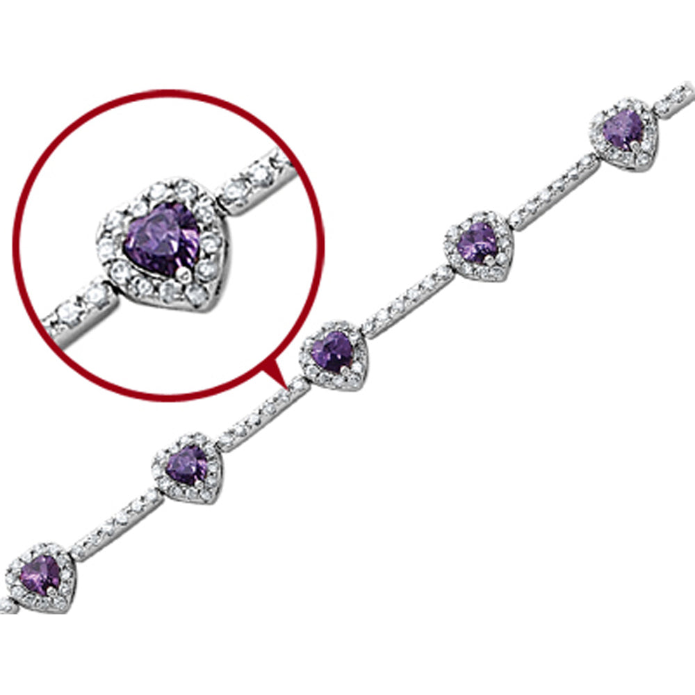 Synthetic Amethyst and Synthetic Cubic Zirconia (CZ) Heart Bracelet in Sterling Silver Image 2