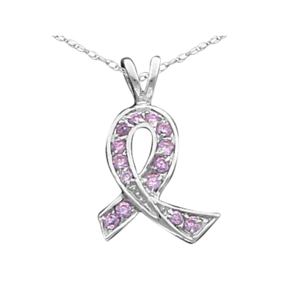 Pink Synthetic Cubic Zirconia (CZ) (CZ) Ribbon Pendant Necklace in Sterling Silver with Chain Image 1