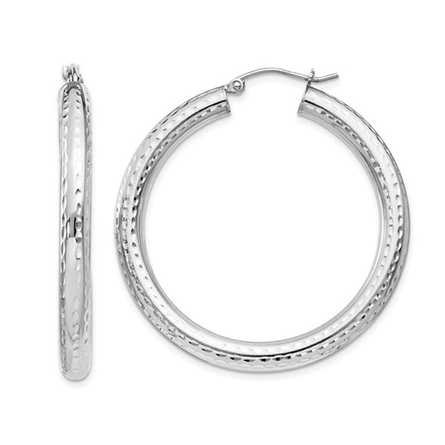 Large Diamond Cut Hoop Earrings in Sterling Silver 1 1/2 Inch (4.0mm) Image 1