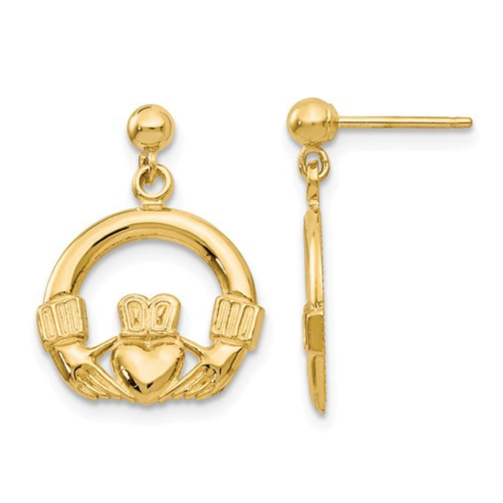 14K Yellow Gold Dangling Claddagh Post Earrings Image 1