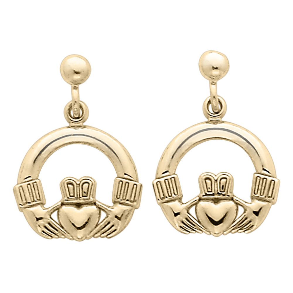 14K Yellow Gold Dangling Claddagh Post Earrings Image 2