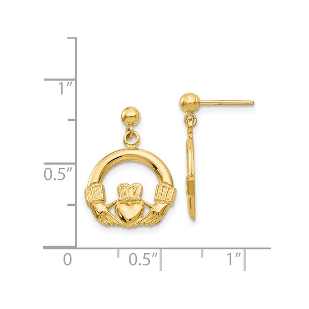 14K Yellow Gold Dangling Claddagh Post Earrings Image 3