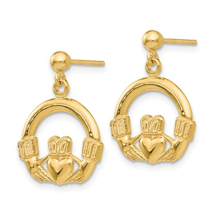 14K Yellow Gold Dangling Claddagh Post Earrings Image 4