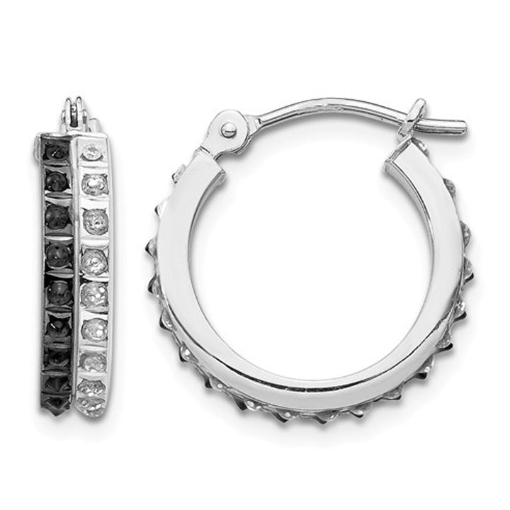 White and Black Accent Diamonds Round Hinged Hoop Earrings in 14K White Gold (2/3 Inch) Image 1