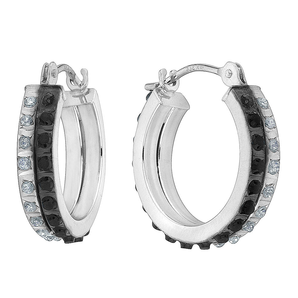 White and Black Accent Diamonds Round Hinged Hoop Earrings in 14K White Gold (2/3 Inch) Image 2