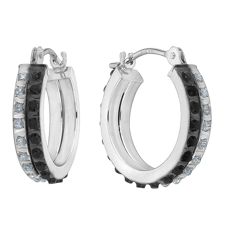 White and Black Accent Diamonds Round Hinged Hoop Earrings in 14K White Gold (2/3 Inch) Image 2