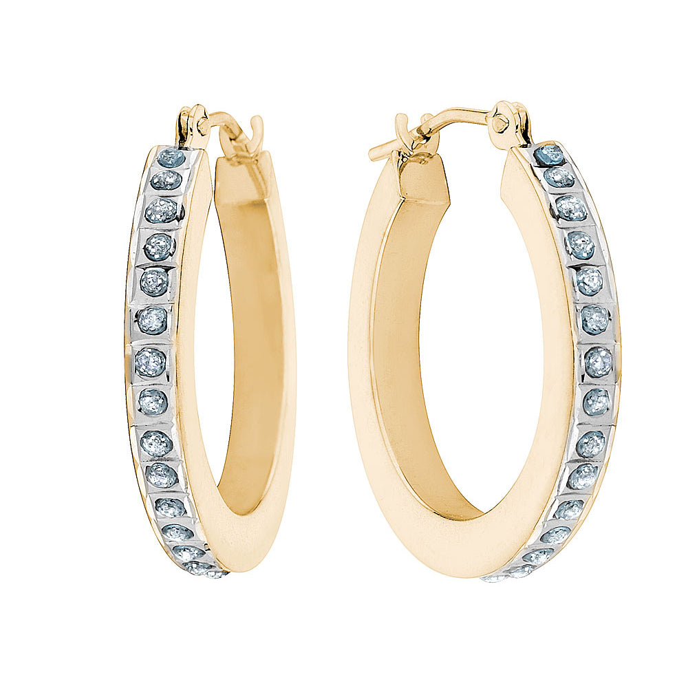 Accent Diamond Round Hoop Earrings in 14K Yellow Gold (3/4 Inch) Image 2