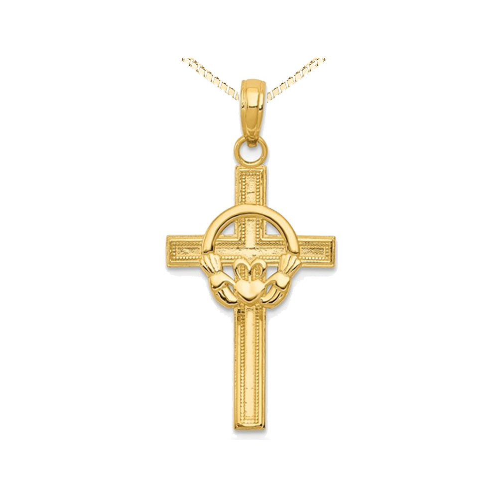 14K Yellow Gold Polished Claddagh Cross Pendant Necklace with Chain Image 1