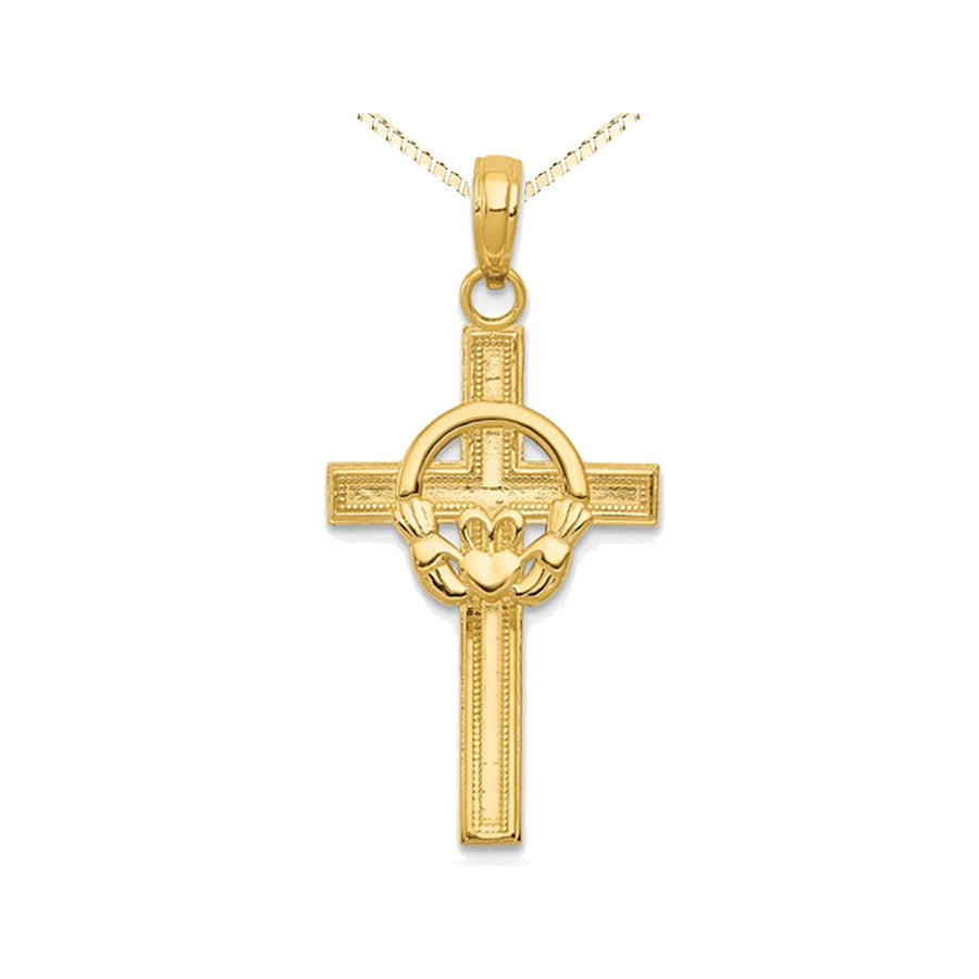 14K Yellow Gold Polished Claddagh Cross Pendant Necklace with Chain Image 1
