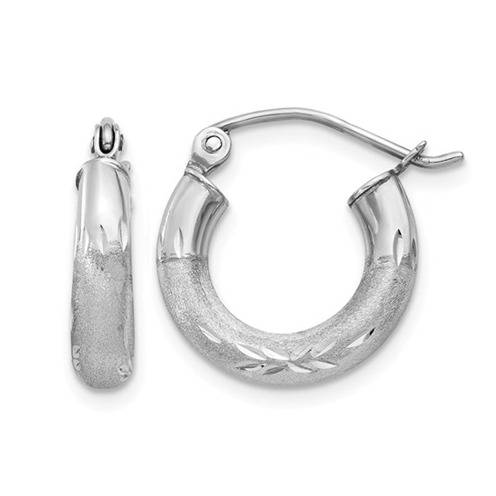 Extra Small Satin and Diamond Cut Hoop Earrings in 14K White Gold 1/2 Inch (3.00 mm) Image 1