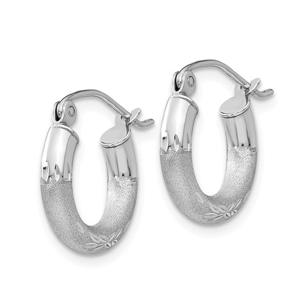 Extra Small Satin and Diamond Cut Hoop Earrings in 14K White Gold 1/2 Inch (3.00 mm) Image 3