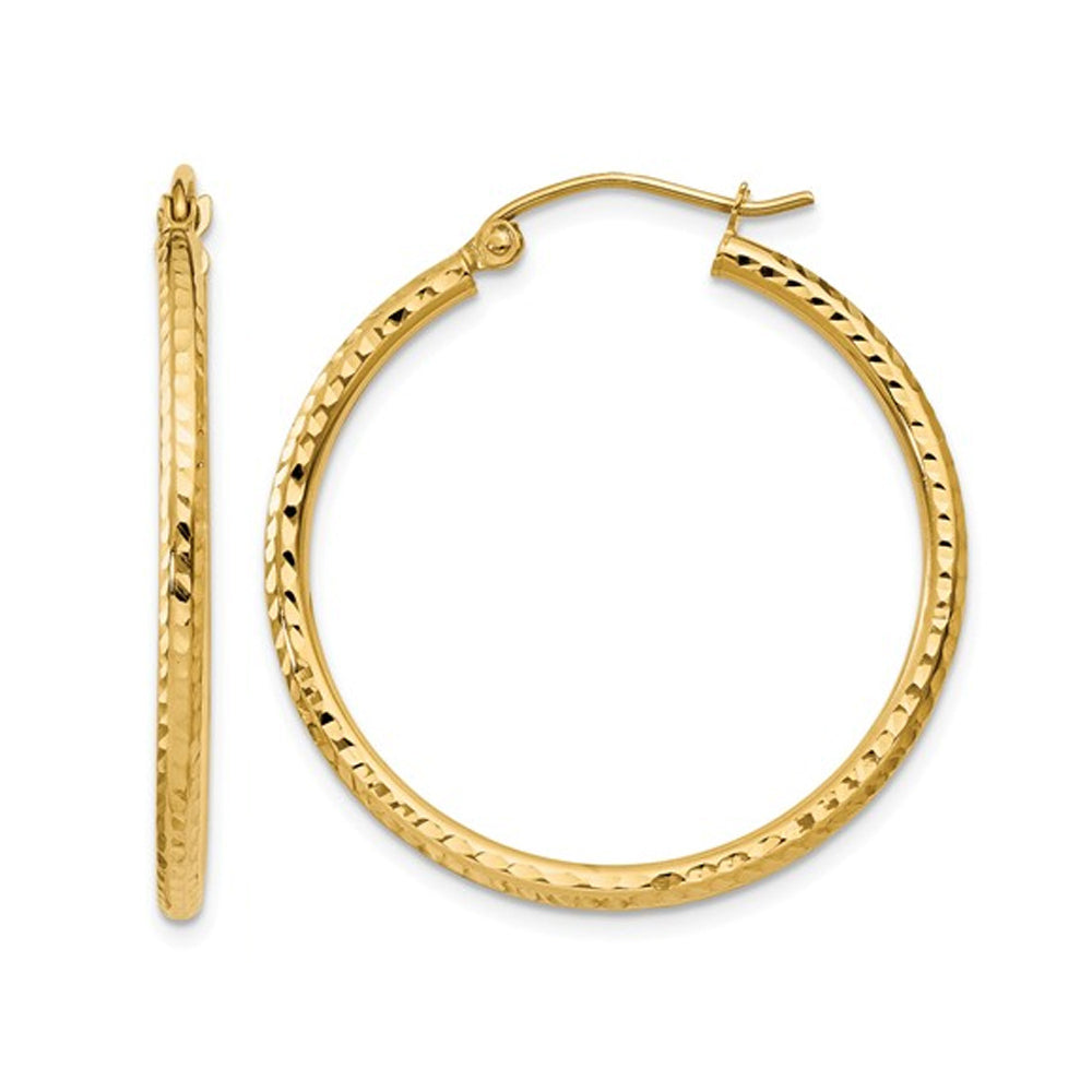 14K Yellow Gold Small Diamond Cut Hoop Earrings 1 Inch (2.00 mm) Image 1