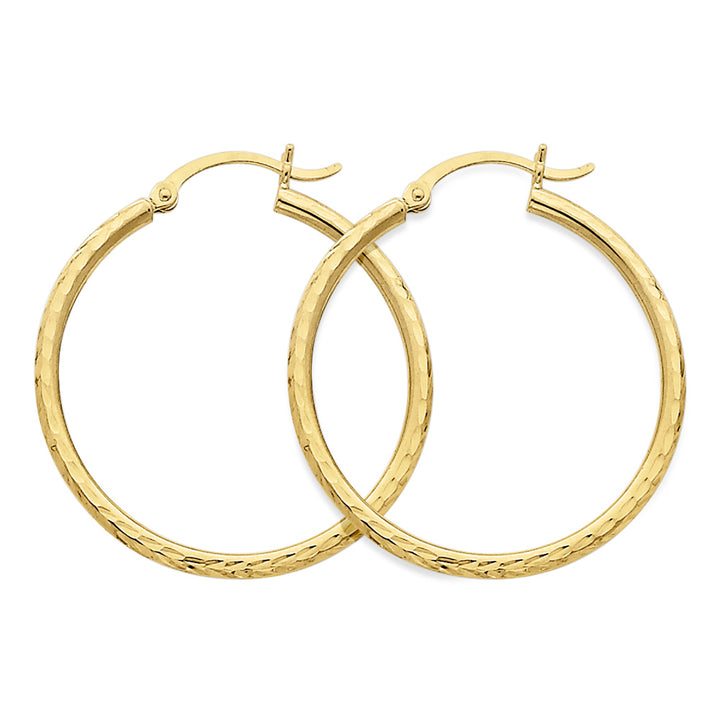 14K Yellow Gold Small Diamond Cut Hoop Earrings 1 Inch (2.00 mm) Image 2