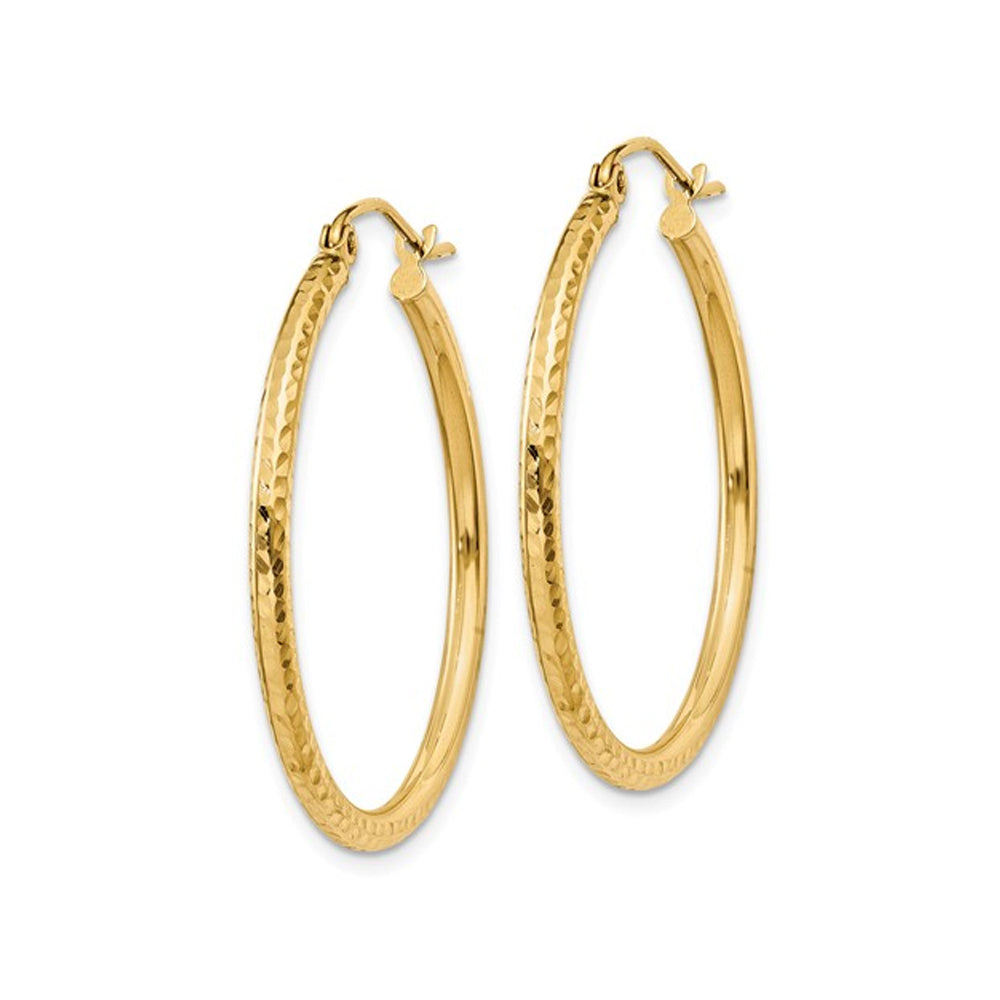 14K Yellow Gold Small Diamond Cut Hoop Earrings 1 Inch (2.00 mm) Image 4