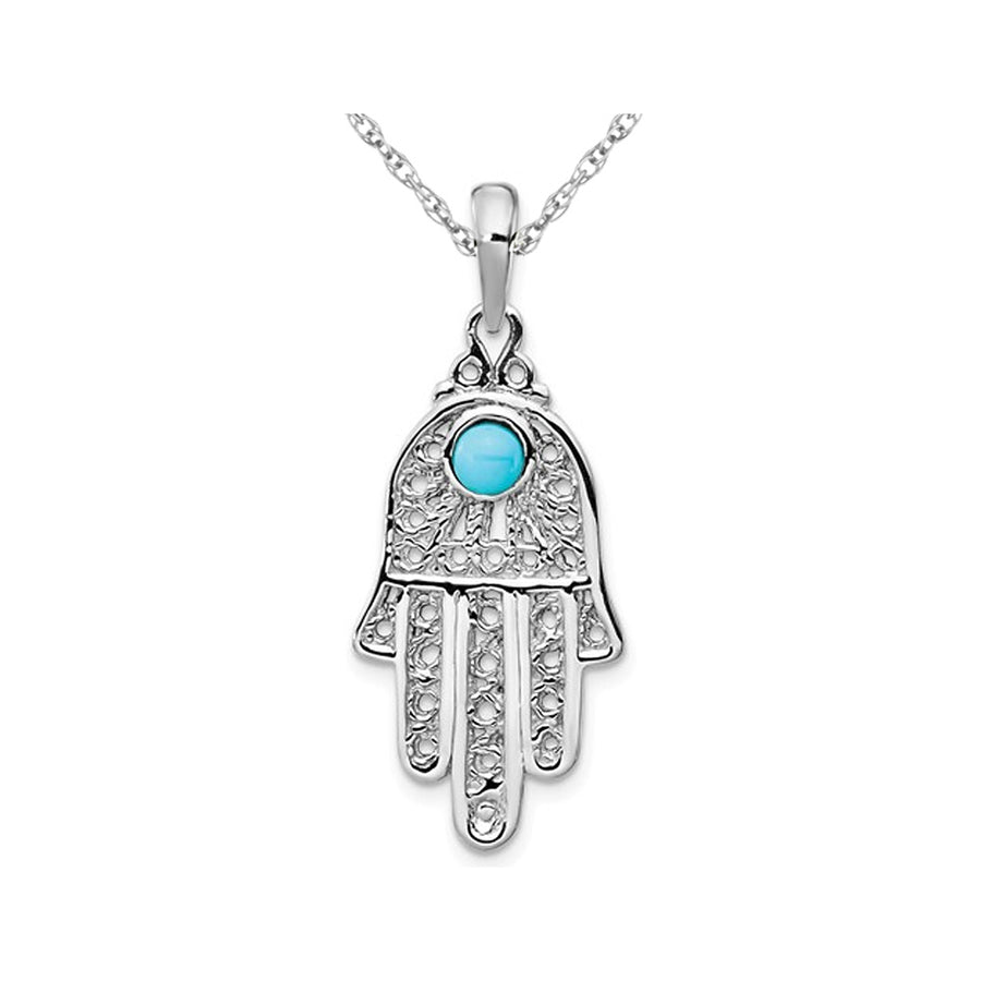14K White Gold Synthetic Turquoise Filigree Hamsa Pendant Necklace with Chain Image 1