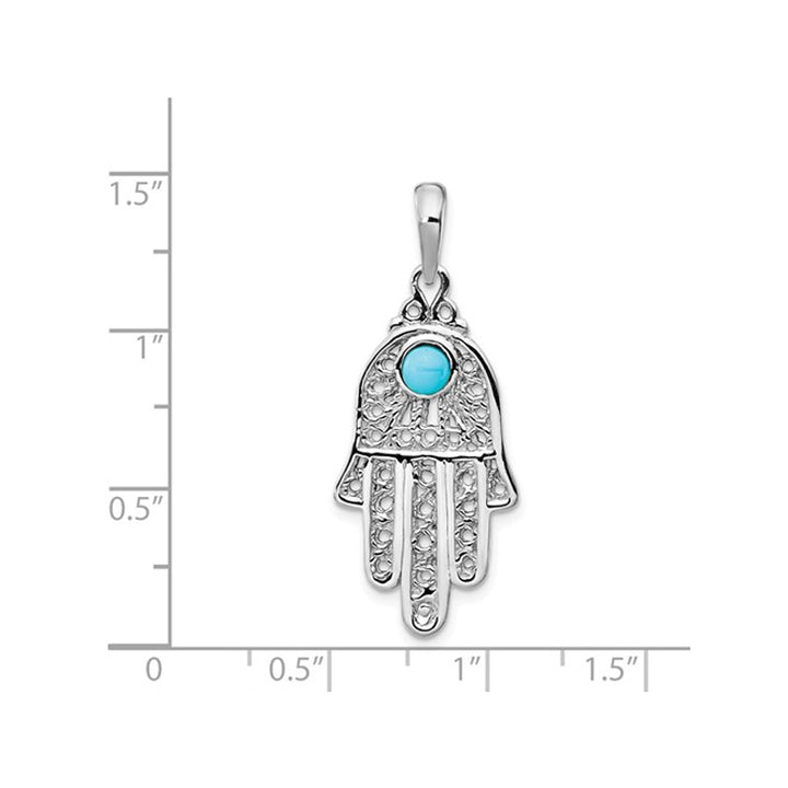 14K White Gold Synthetic Turquoise Filigree Hamsa Pendant Necklace with Chain Image 2