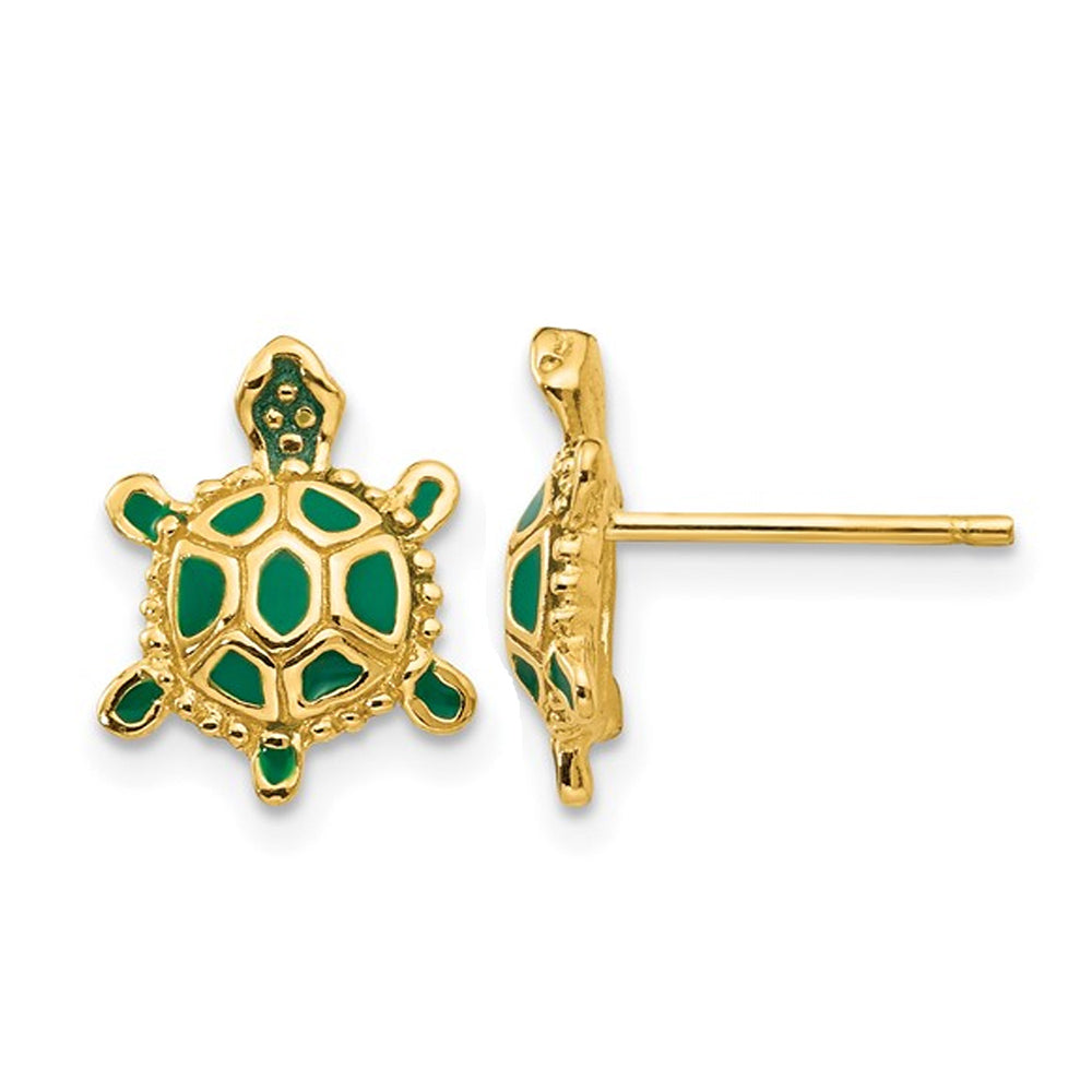 Green Enameled Turtle Charm Earrings in 14K Yellow Gold Image 1