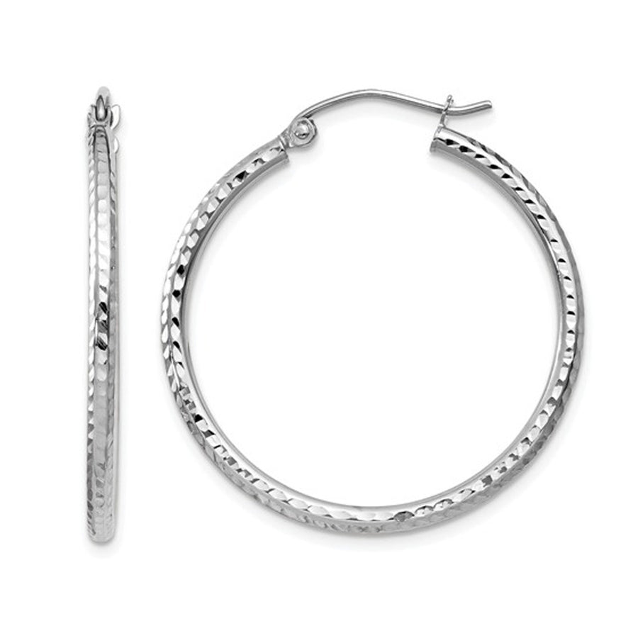 14K White Gold Diamond Cut Hoop Earrings 1 Inch (2.00 mm) Image 1