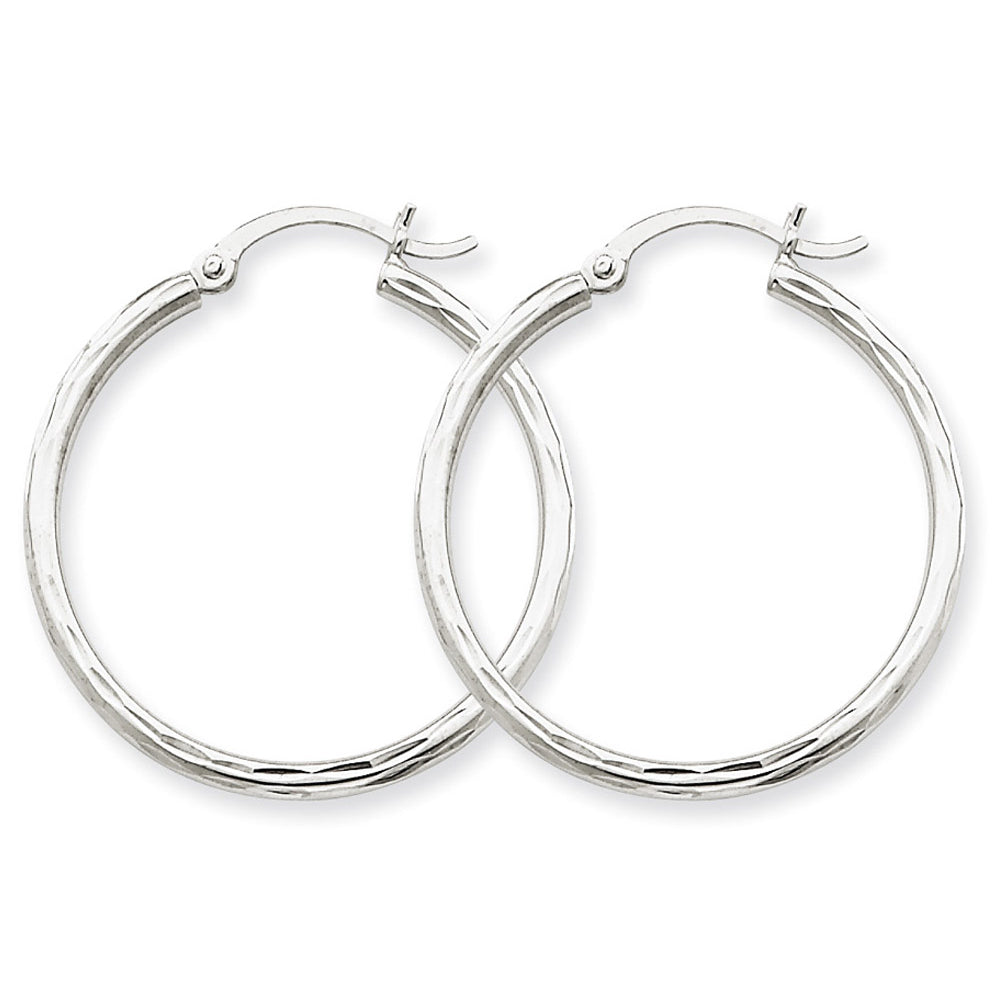 14K White Gold Diamond Cut Hoop Earrings 1 Inch (2.00 mm) Image 2