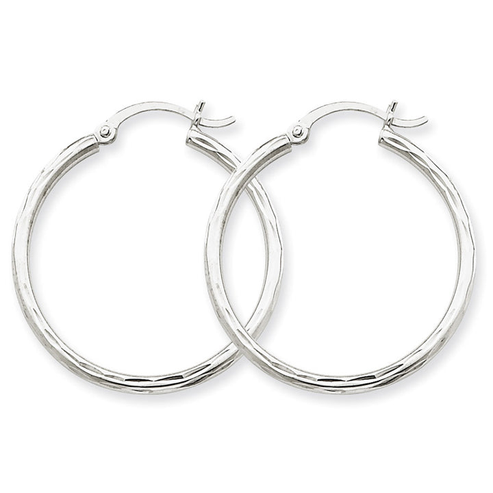 14K White Gold Diamond Cut Hoop Earrings 1 Inch (2.00 mm) Image 2