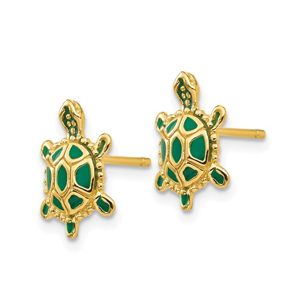 Green Enameled Turtle Charm Earrings in 14K Yellow Gold Image 2