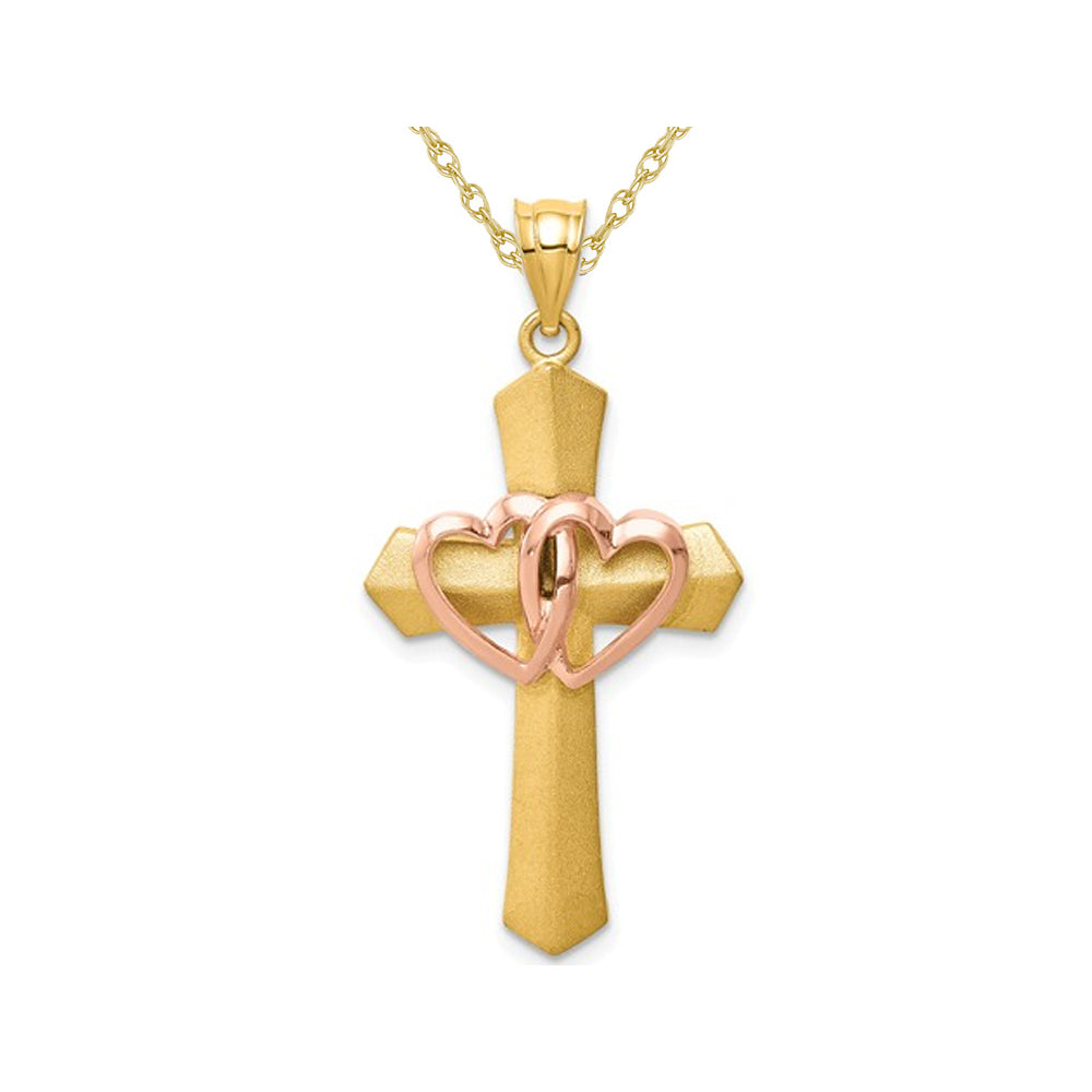 14K Pink and Yellow Gold Double Heart Cross Pendant Necklace with Chain Image 1