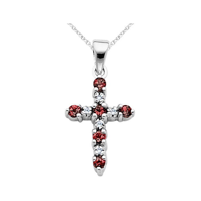 1/4 Carat (ctw) Garnet Cross Pendant Necklace with Accent Diamonds in 14K White Gold with Chain Image 1