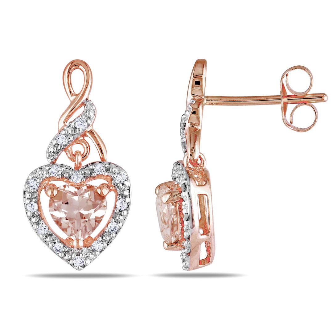 1.15 Carat (ctw) Morganite and Diamond Heart Dangle Earrings in 10K Rose Gold Image 1