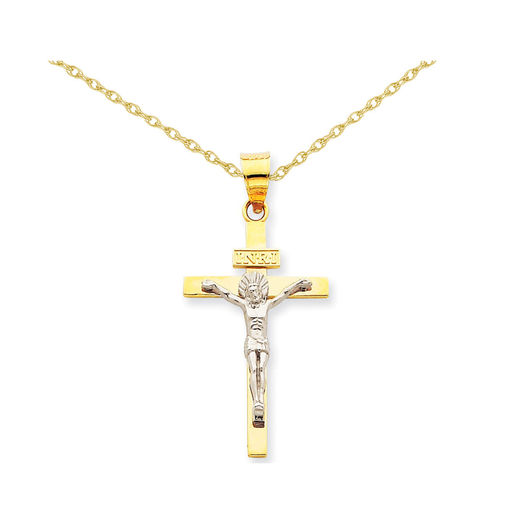 INRI Crucifix Cross Pendant Necklace in 14K Yellow and White Gold with Chain Image 1