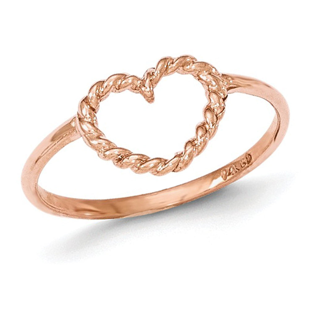 Ladies 14K Rose Pink Gold Polished and Textured Heart Ring Image 1